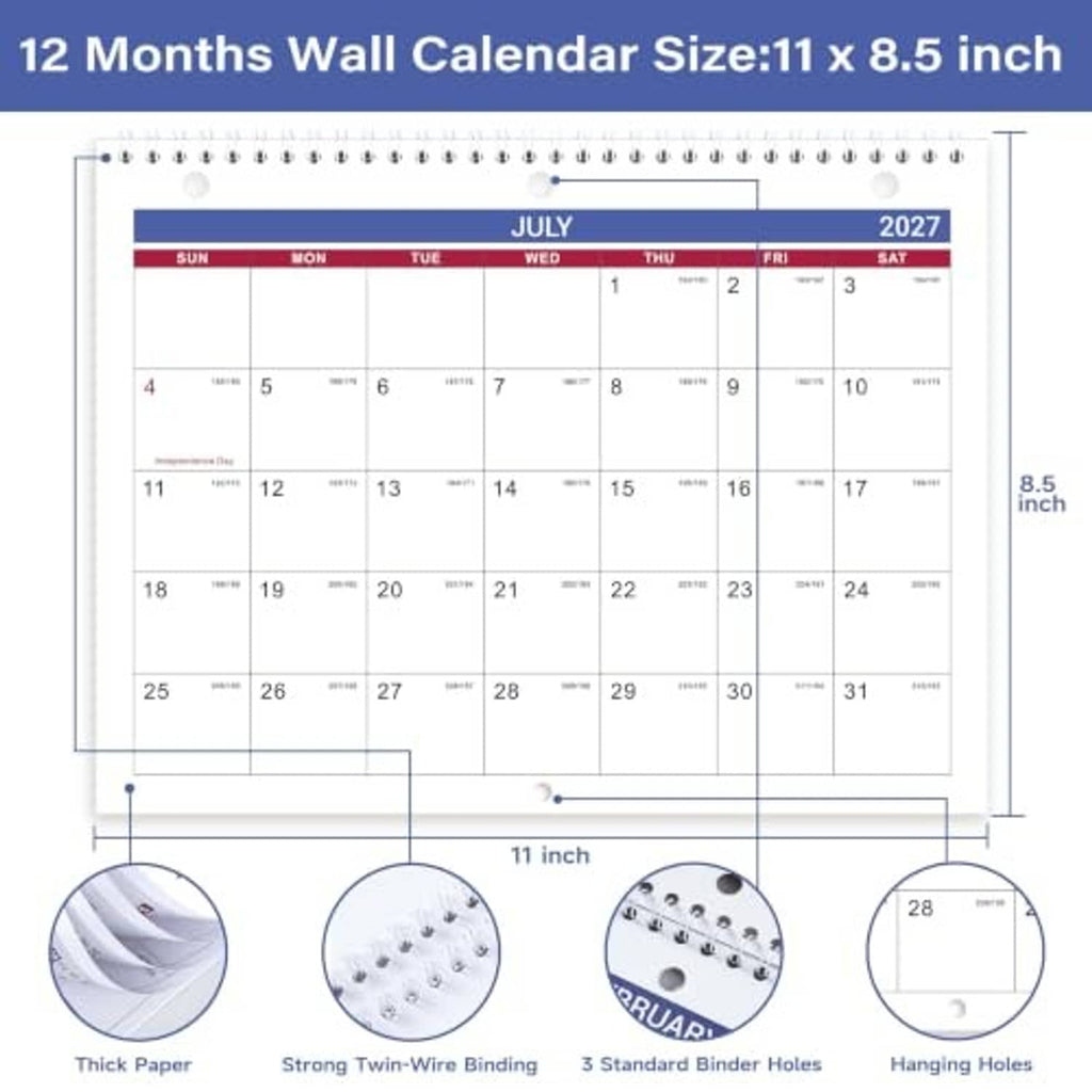 July 2027 wall calendar with 8.5 inch size label, binder holes, and hanging holes.