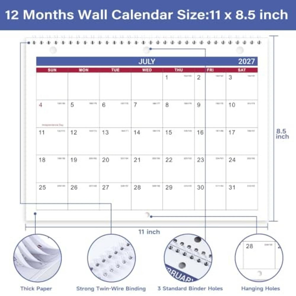 July 2027 wall calendar with 8.5 inch size label, binder holes, and hanging holes.