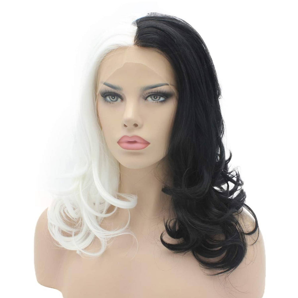 Two-tone wavy wig, half black half white waves, medium length, full coverage