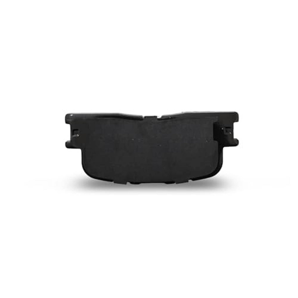 Rear view of a dark gray ceramic brake pad with flat backing and mounting tabs