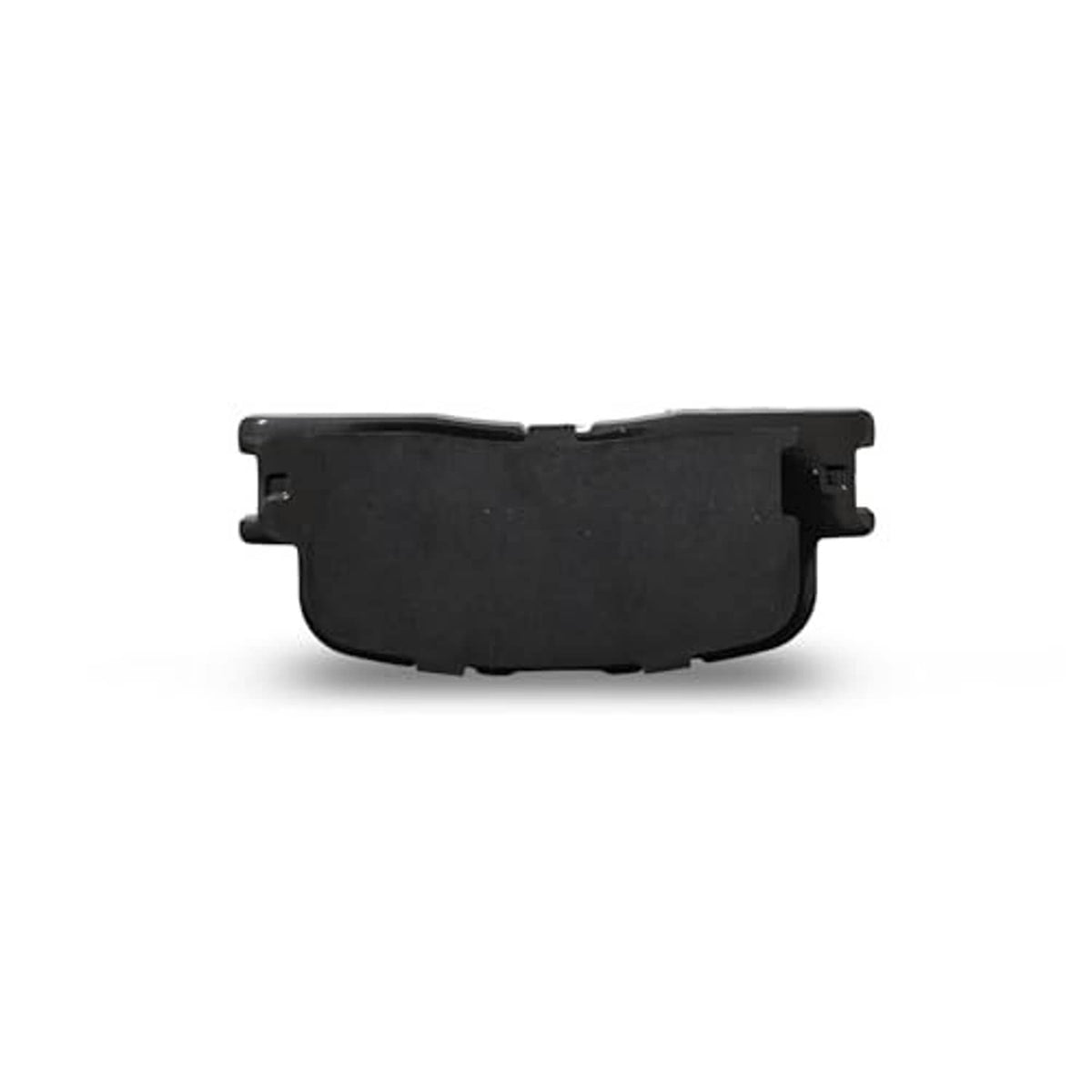 Rear view of a dark gray ceramic brake pad with flat backing and mounting tabs