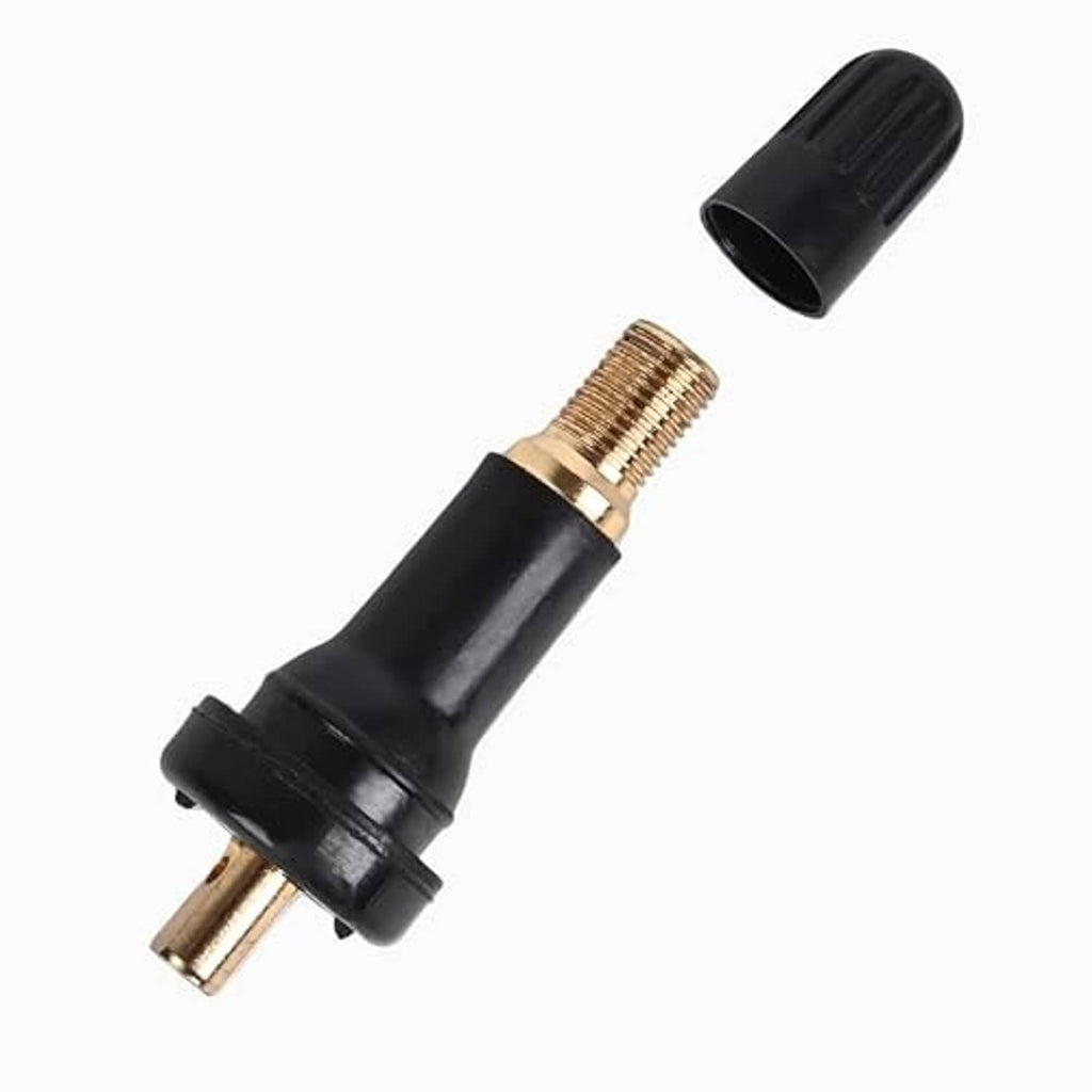 Black snap-in tire valve stem with brass threaded insert and cap