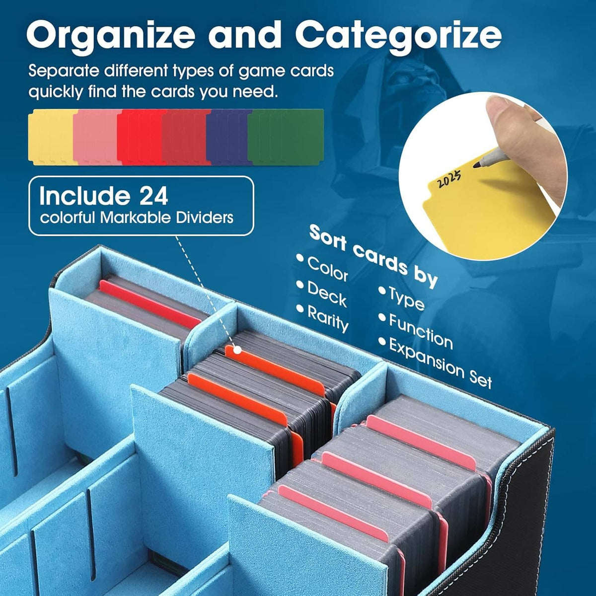 Trading card storage box with blue interior and 24 movable colored dividers