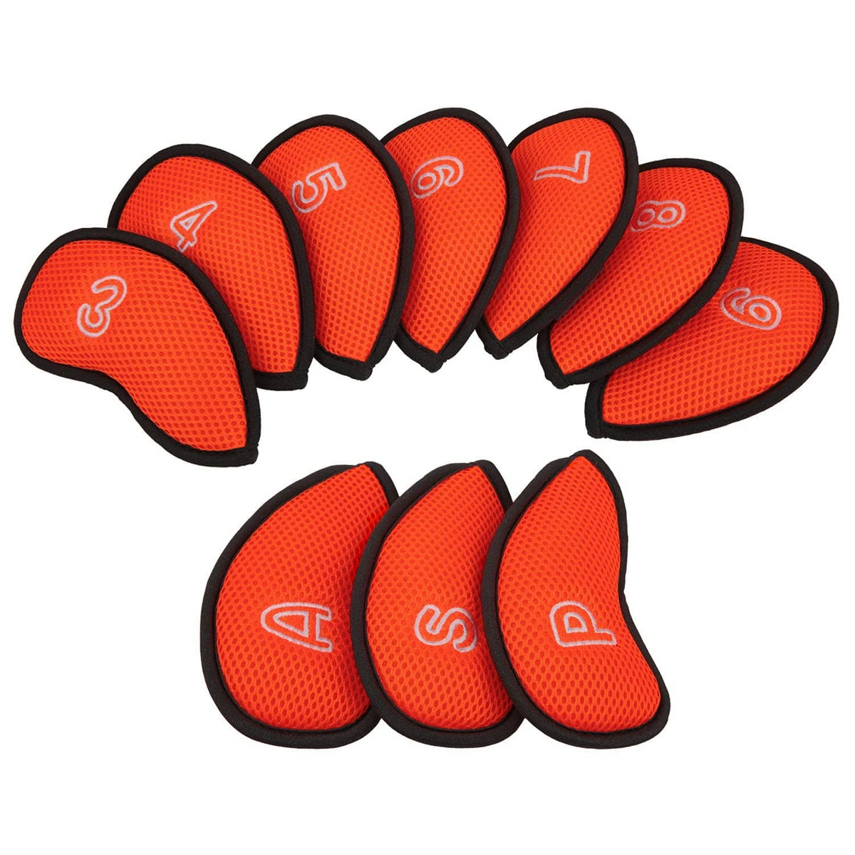 Bright orange mesh golf iron head covers, angled view, numbered 4–6 with black edging