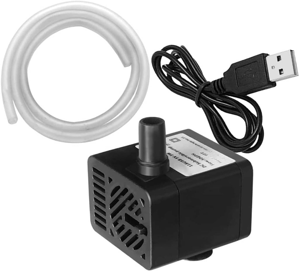 Submersible water pump with integrated outlet, white tubing, and USB power cord