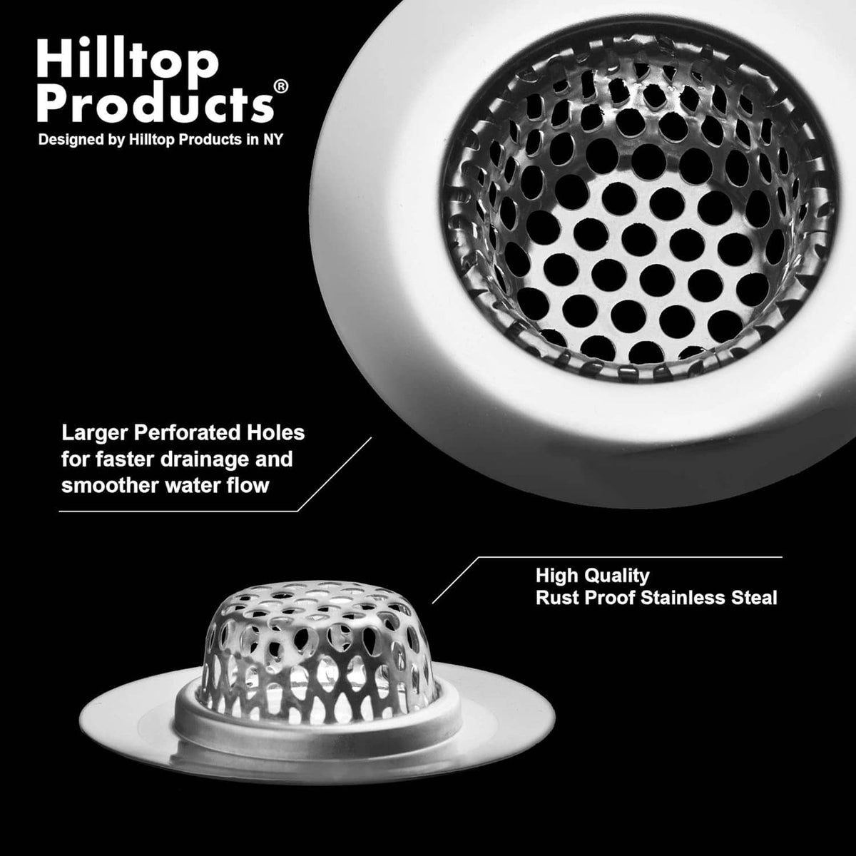 Round stainless-steel sink strainer with perforated metal basket and wide rim