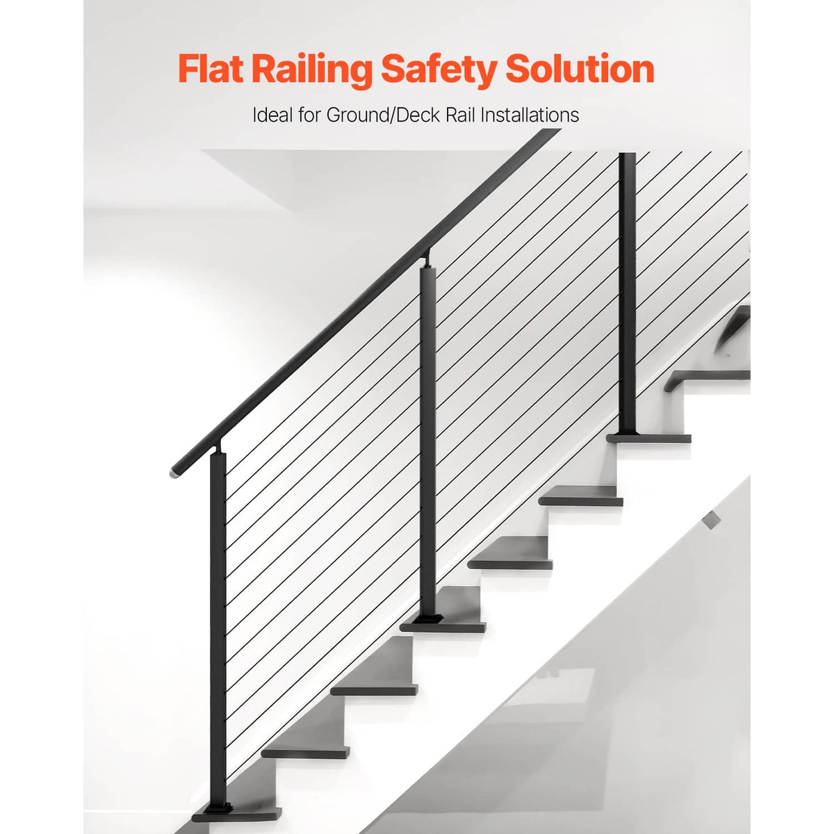Black cable railing post with handrail-style top and base for deck stair installations