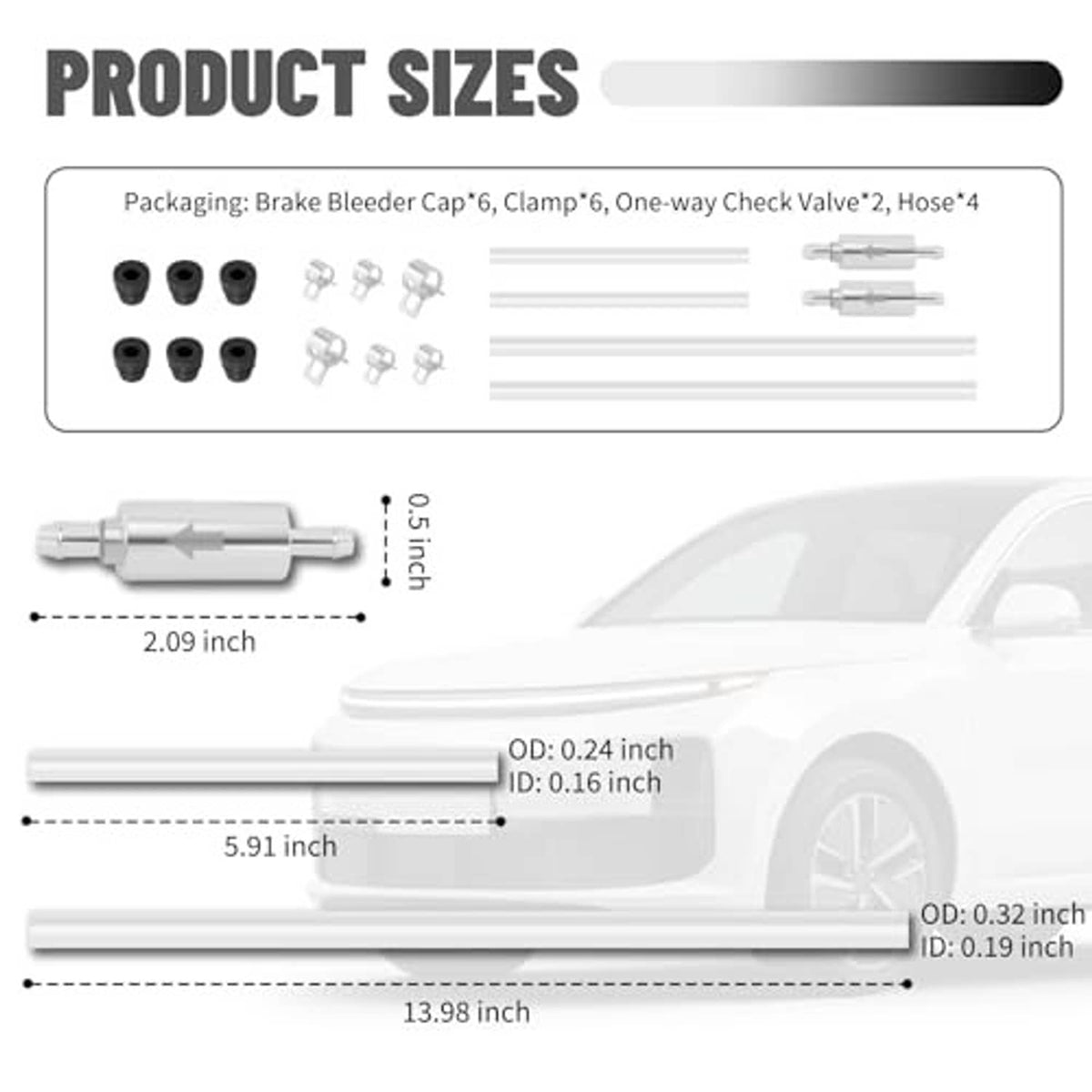 Brake bleeder kit size chart with one-way check valve, clamps, caps, and hoses measurements