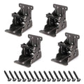 Set of folding table leg brackets with self-lock hinges and mounting holes, dark metal finish