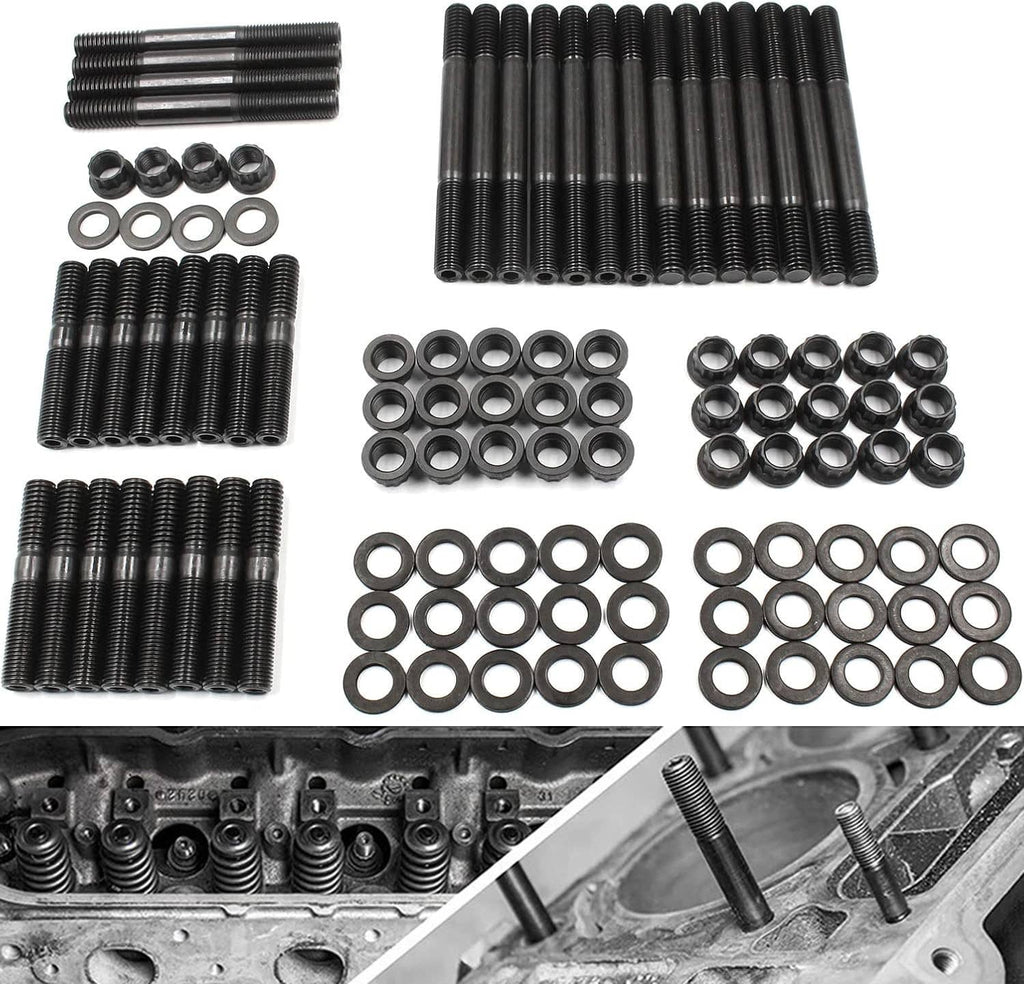 Cylinder head stud kit with black studs, washers, and 12-point nuts set