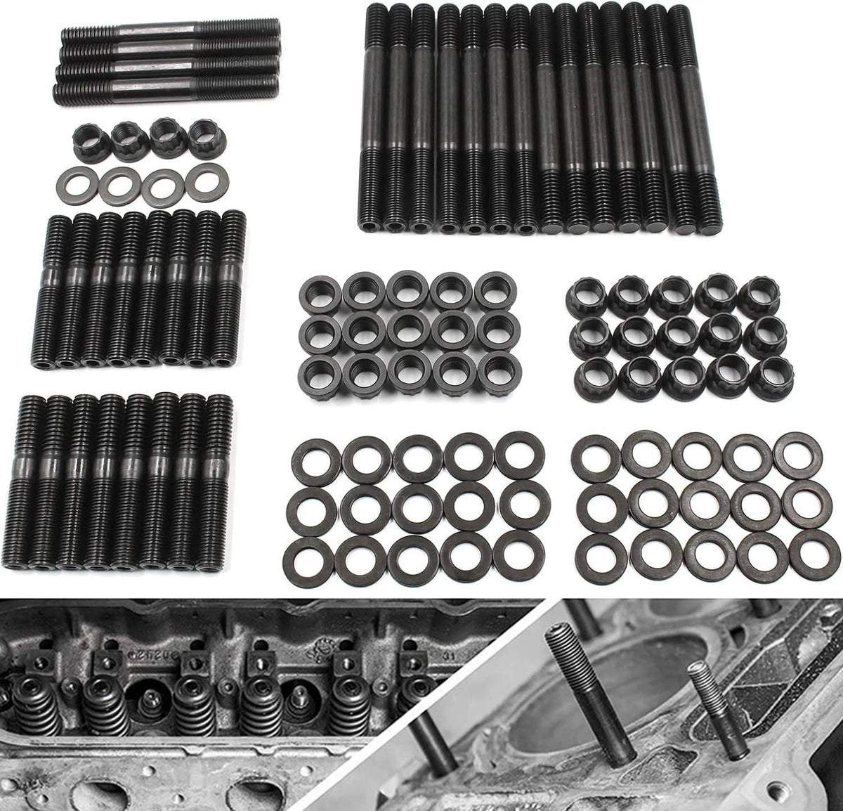 Cylinder head stud kit with black studs, washers, and 12-point nuts set