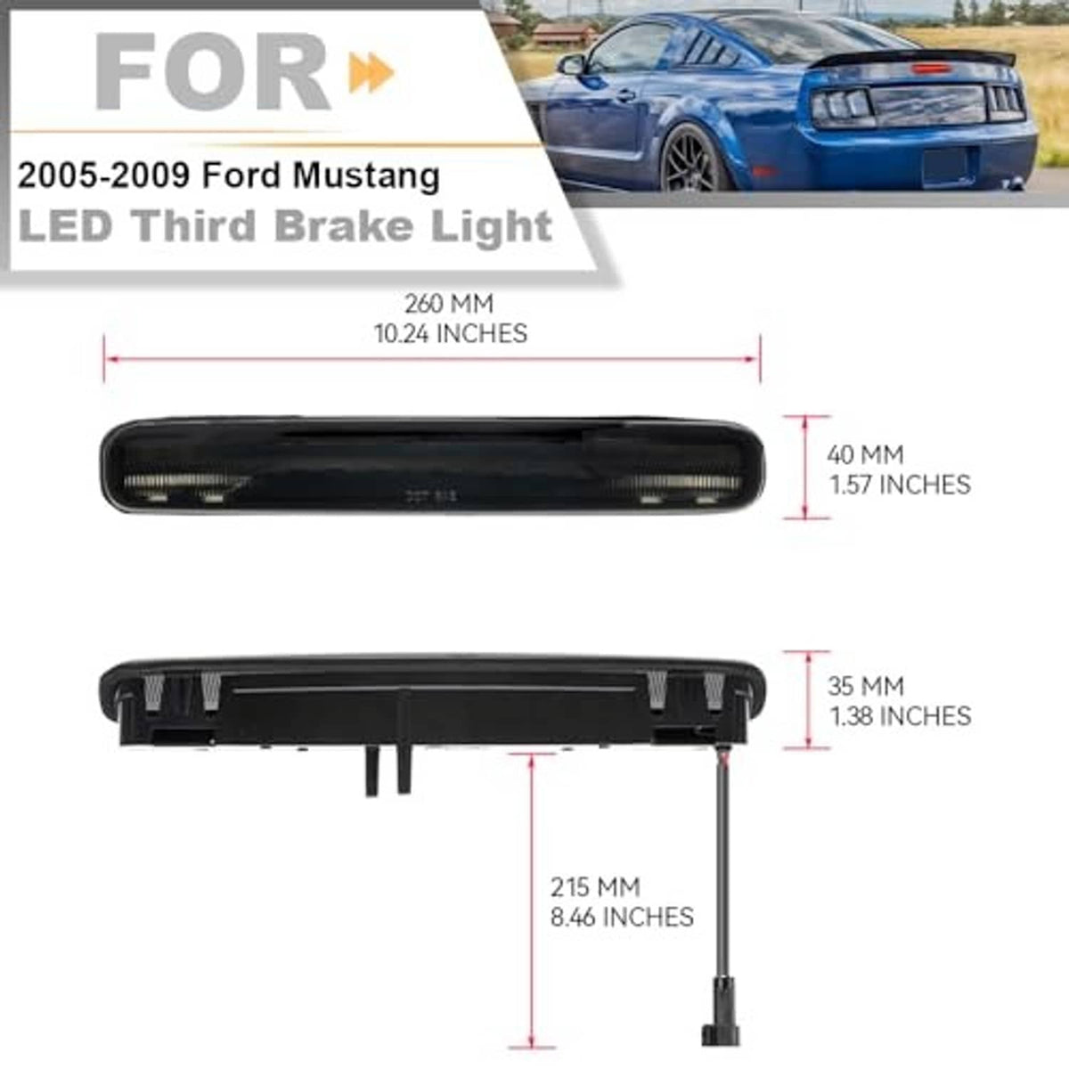 Smoked LED third brake light bar with mounting points shown in size diagram
