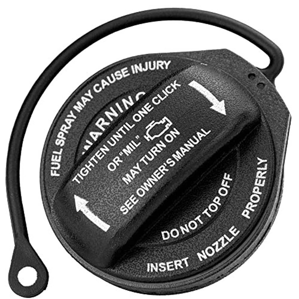 Fuel tank gas cap close-up, black cap with warning text and arrow icons