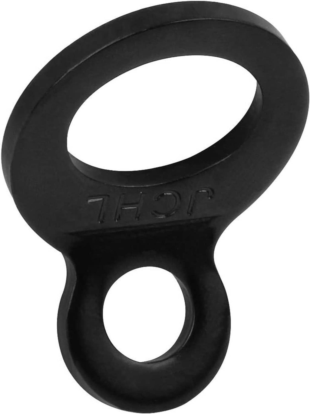 Black tie-down strap ring anchor, single oval loop with center strap hole