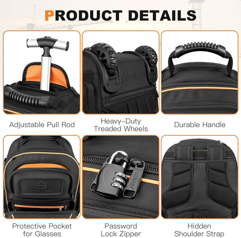 Black rolling tool backpack details: adjustable pull rod, heavy-duty wheels, durable handle