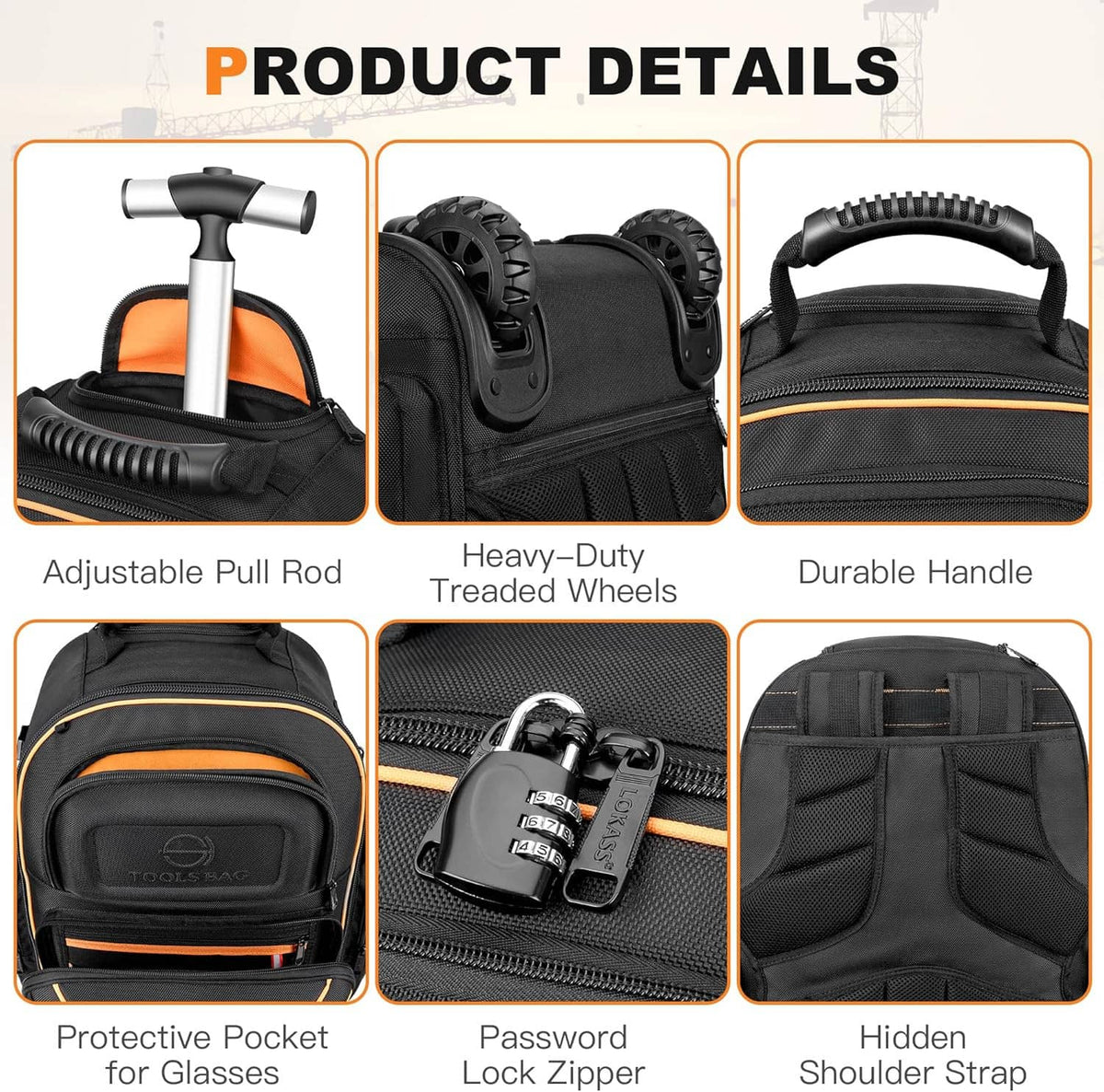 Black rolling tool backpack details: adjustable pull rod, heavy-duty wheels, durable handle