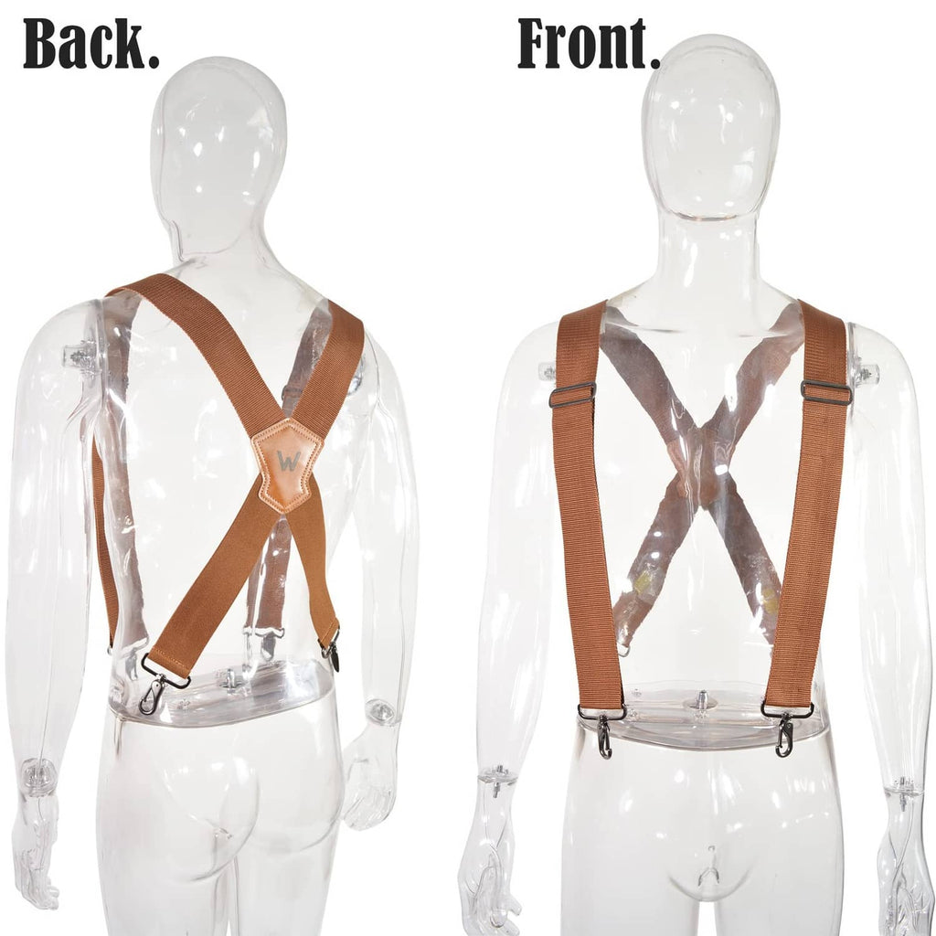 Brown cross-back harness straps on mannequin with metal clips, front and back views