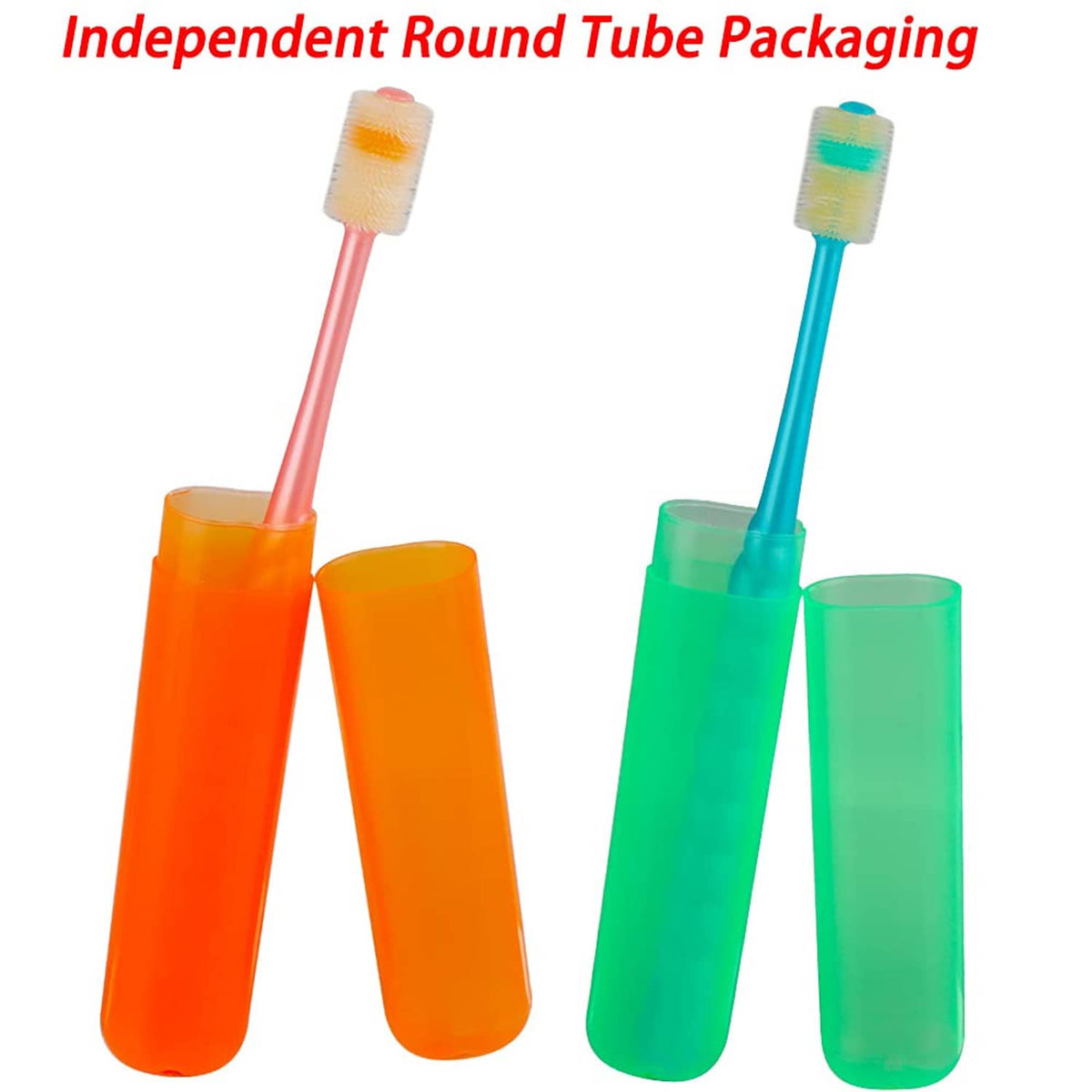 Orange and green plastic brush holders with pink and blue silicone toothbrush heads