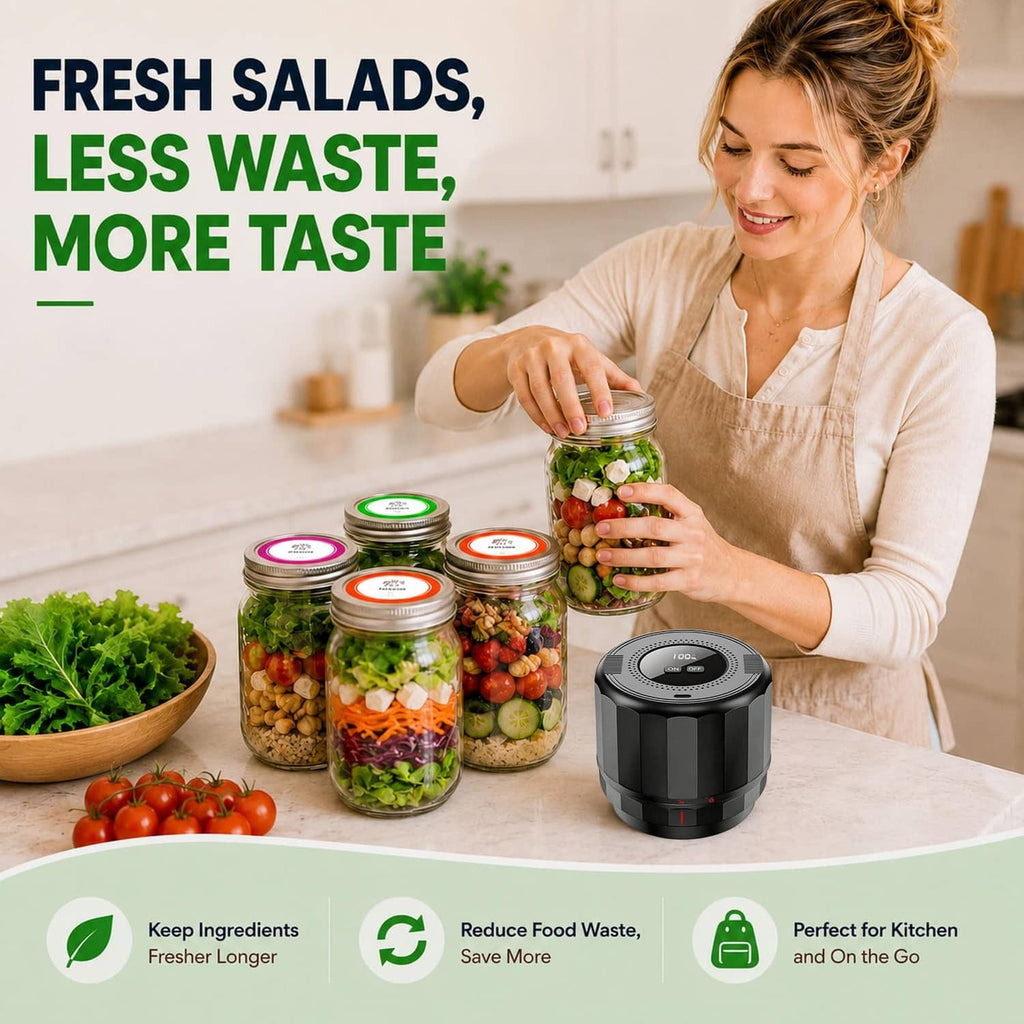Black electric vacuum sealer next to Mason jars filled with fresh food