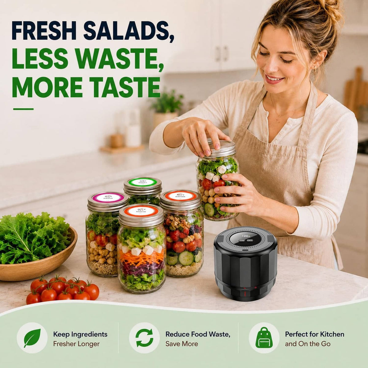Black electric vacuum sealer next to Mason jars filled with fresh food
