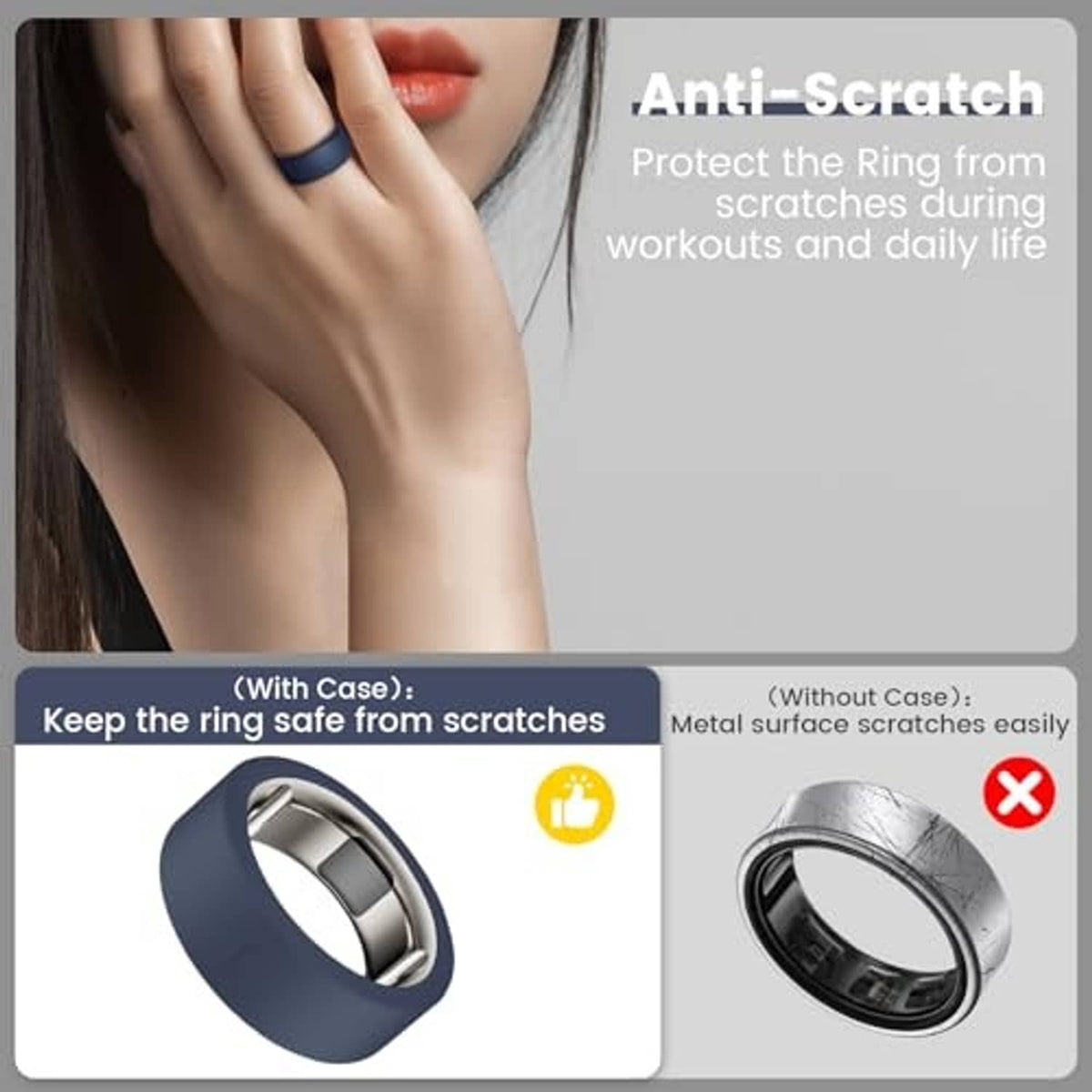 Anti-scratch silicone ring cover case with metal insert, shown with and without case