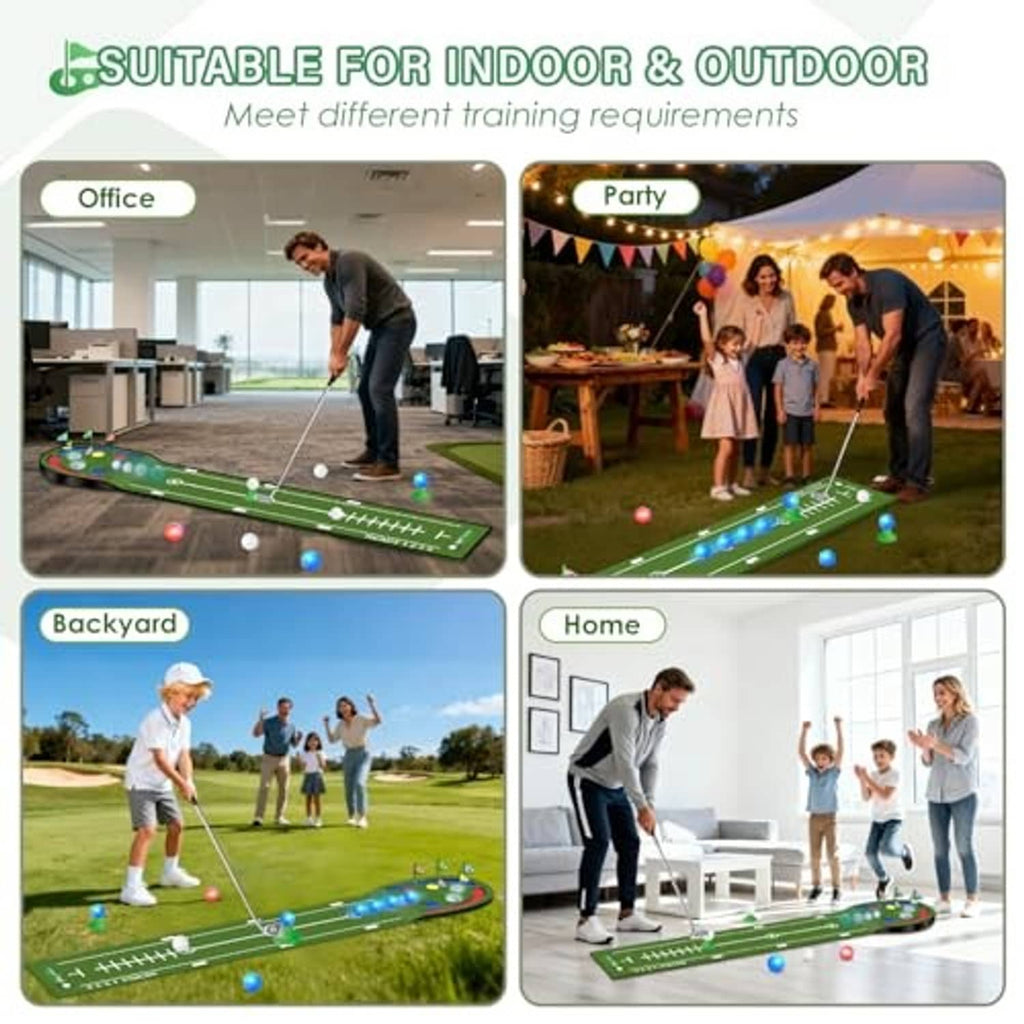Indoor and outdoor kids golf putting mat with green track and glowing balls