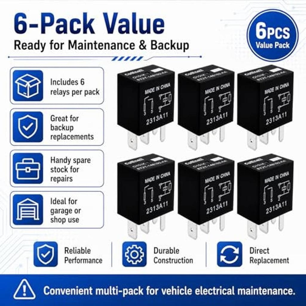 Six black 4-pin automotive relays for maintenance or backup, with metal prongs