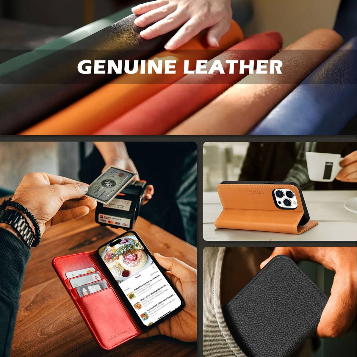 Genuine leather wallet phone case in multiple colors with card slots and front cover