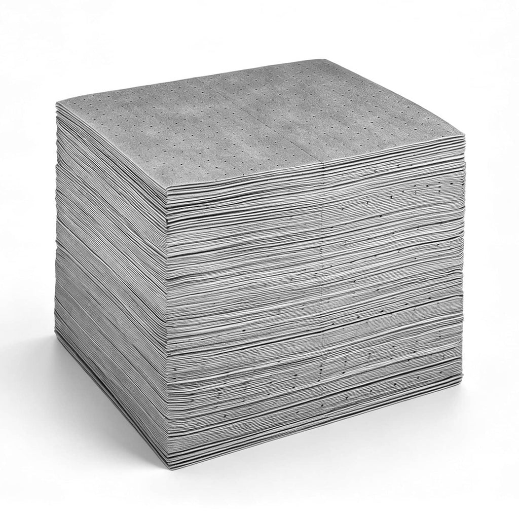 Square stack of gray oil and water absorbent pads with dotted pattern, neatly packaged