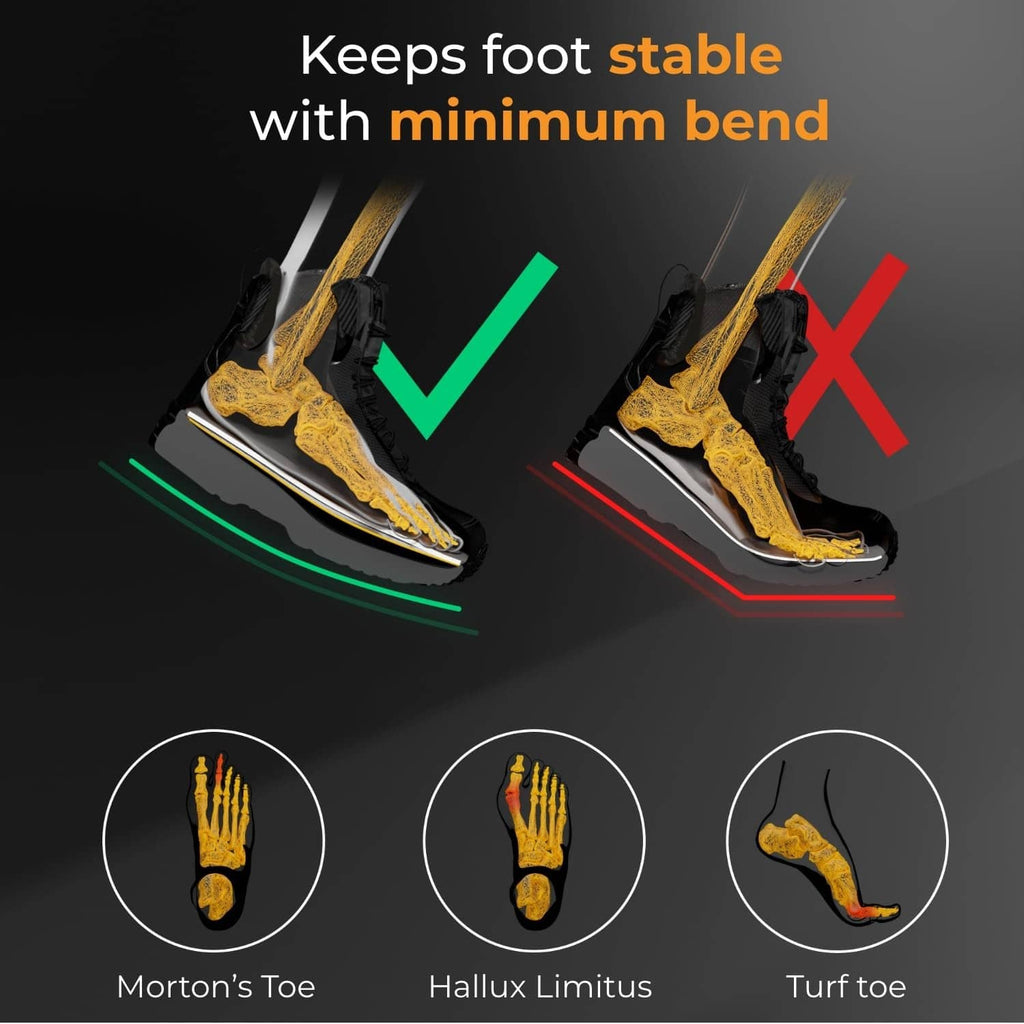 Carbon fiber insole insert shown under a shoe for foot support