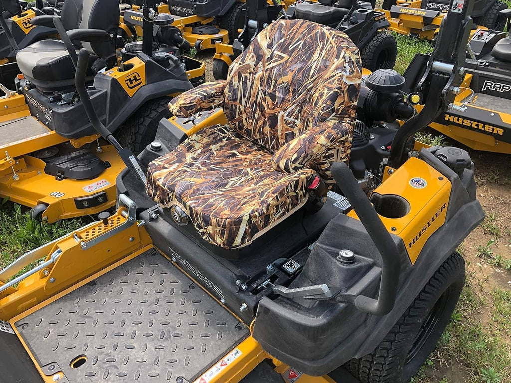 Camouflage padded seat cover on Timecutter zero-turn mower, angled outdoor display
