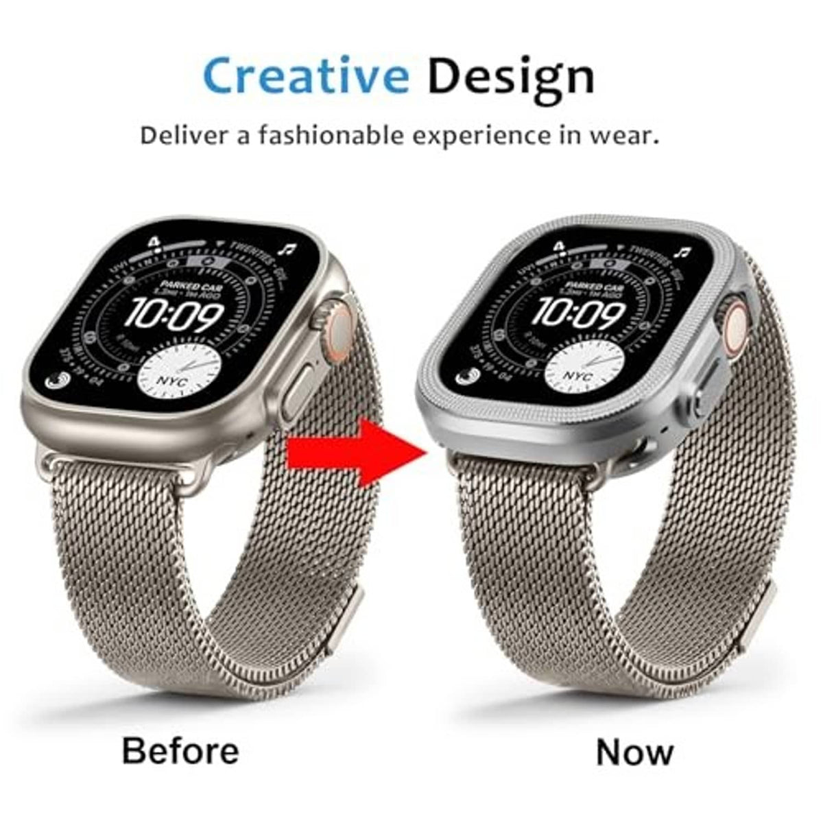 Silver metal watch cover on Apple Watch Ultra, front view with mesh strap