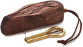 Brown wooden case and gold-tone jew's harp mouth instrument with carrying cord.