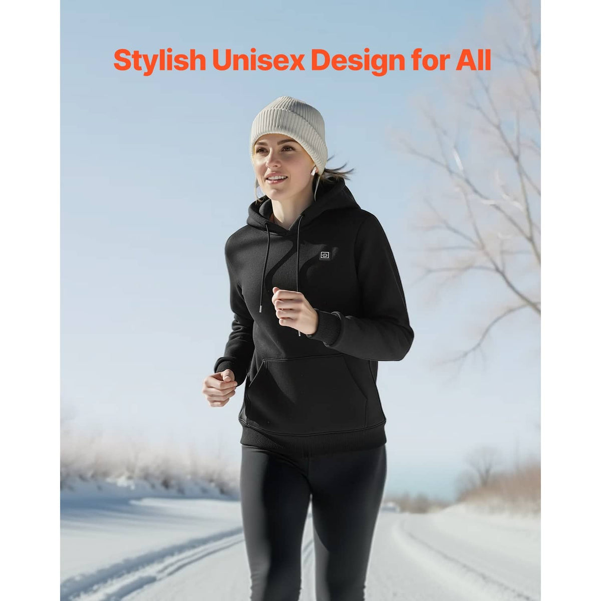 Unisex black heated hoodie jacket with adjustable hood, front pocket, and long sleeves