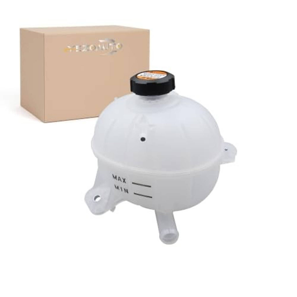 Coolant reservoir overflow tank with black cap, white plastic body and MAX/MIN markings