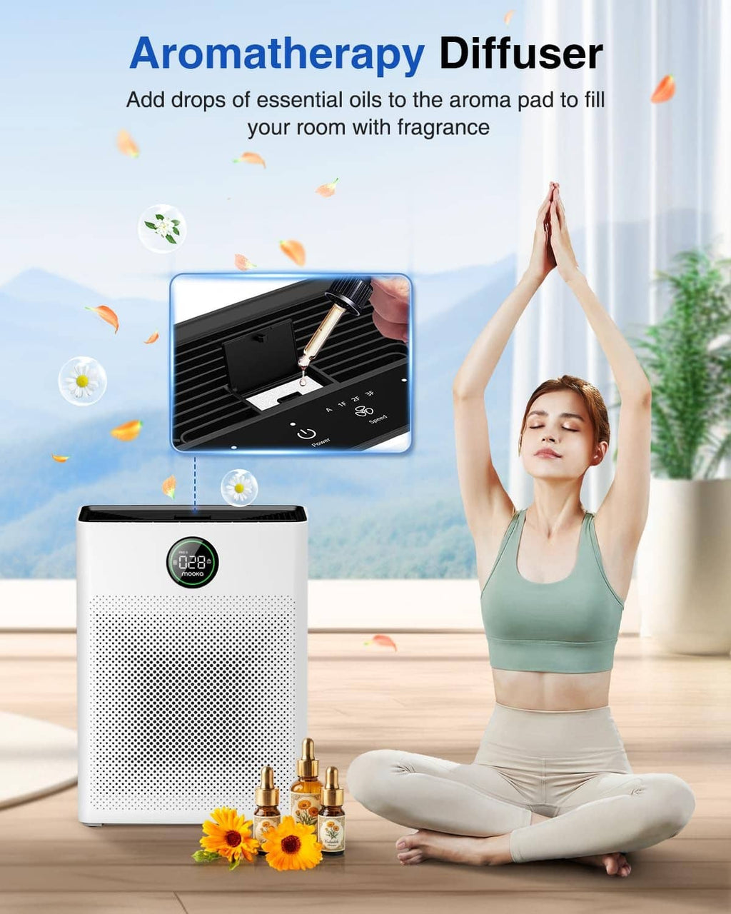 White MOOKA air purifier with aromatherapy diffuser add-on area