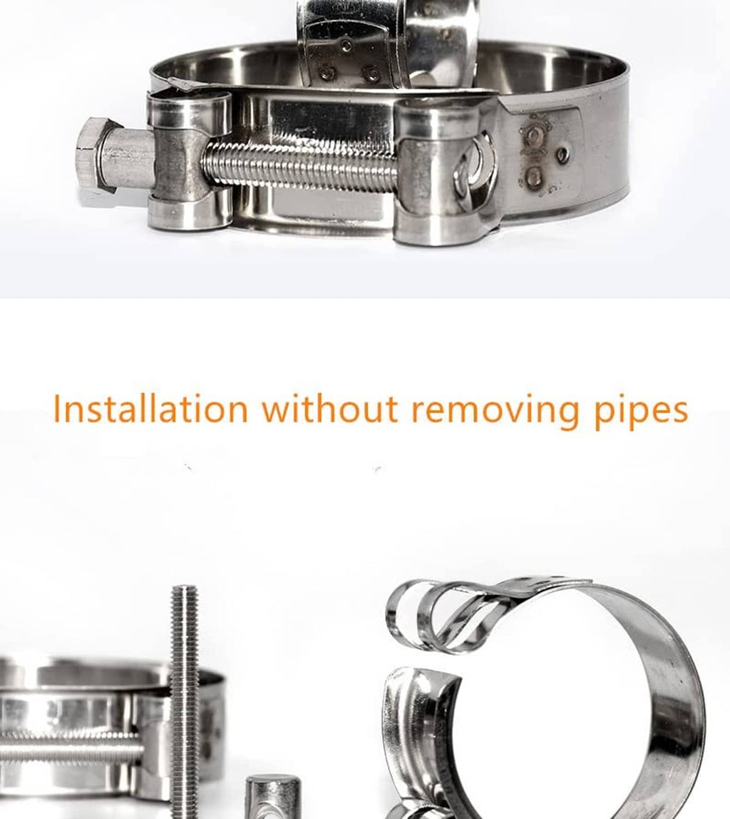 Stainless steel T-bolt hose clamp with wide band and threaded screw mechanism