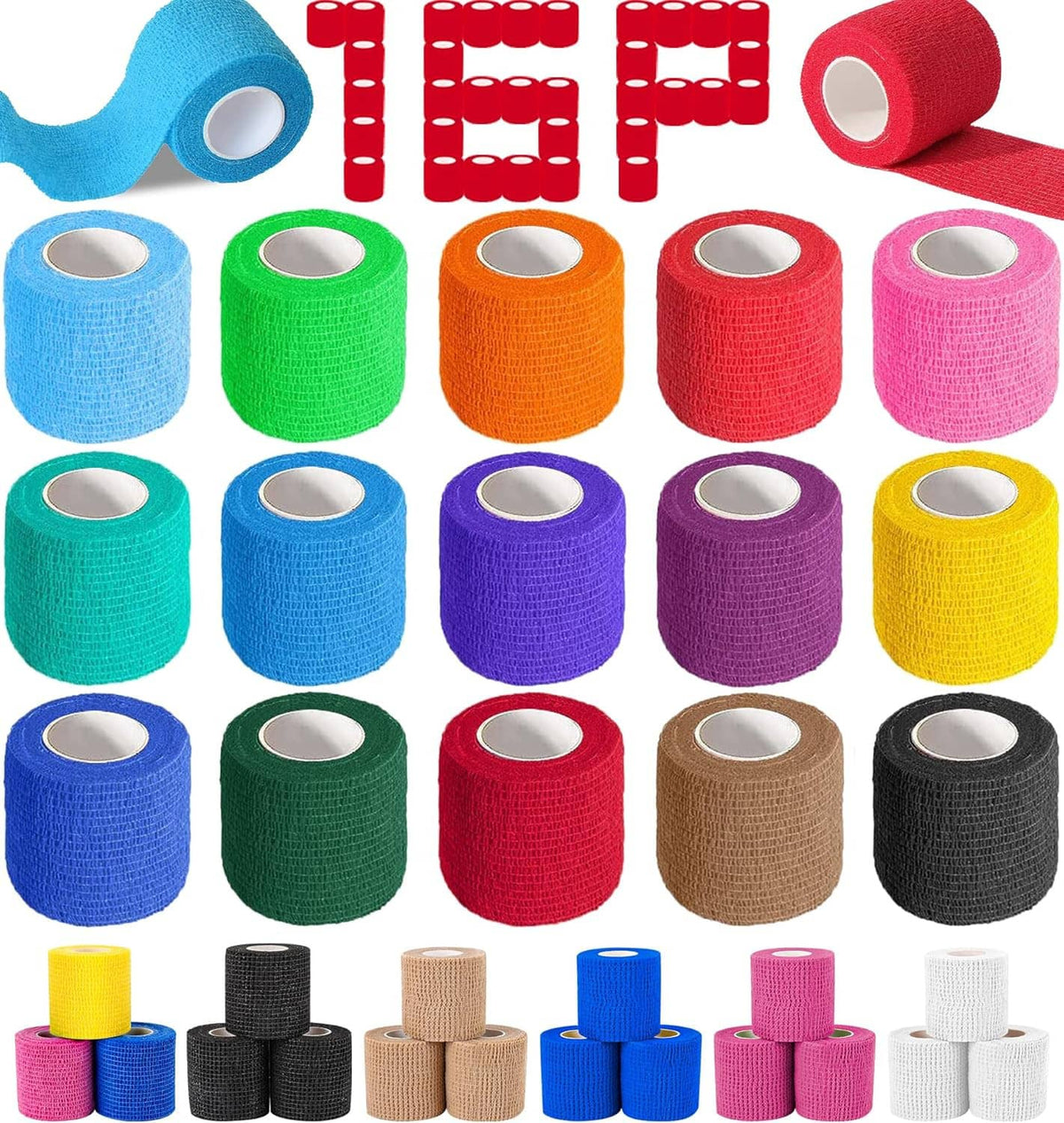 Assorted self-adhesive elastic bandage wrap rolls in multiple colors