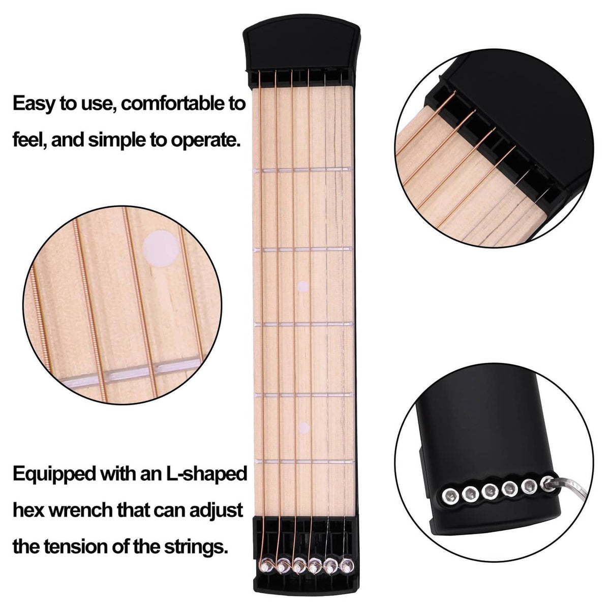 Tall black guitar practice tool with wooden fingerboard and adjustable tension hex wrench