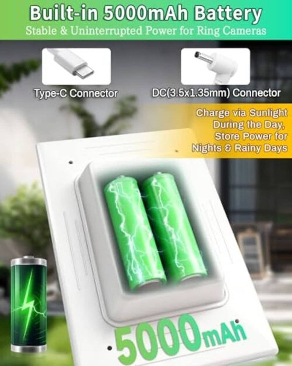 White solar panel charger with built-in battery and visible connector ports