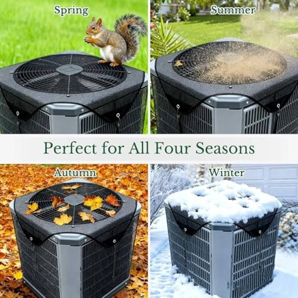 Black mesh AC cover on an outdoor condenser unit across different seasons