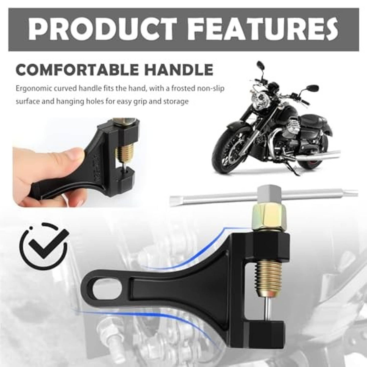 Motorcycle chain breaker tool with curved ergonomic black handle and brass threaded screw