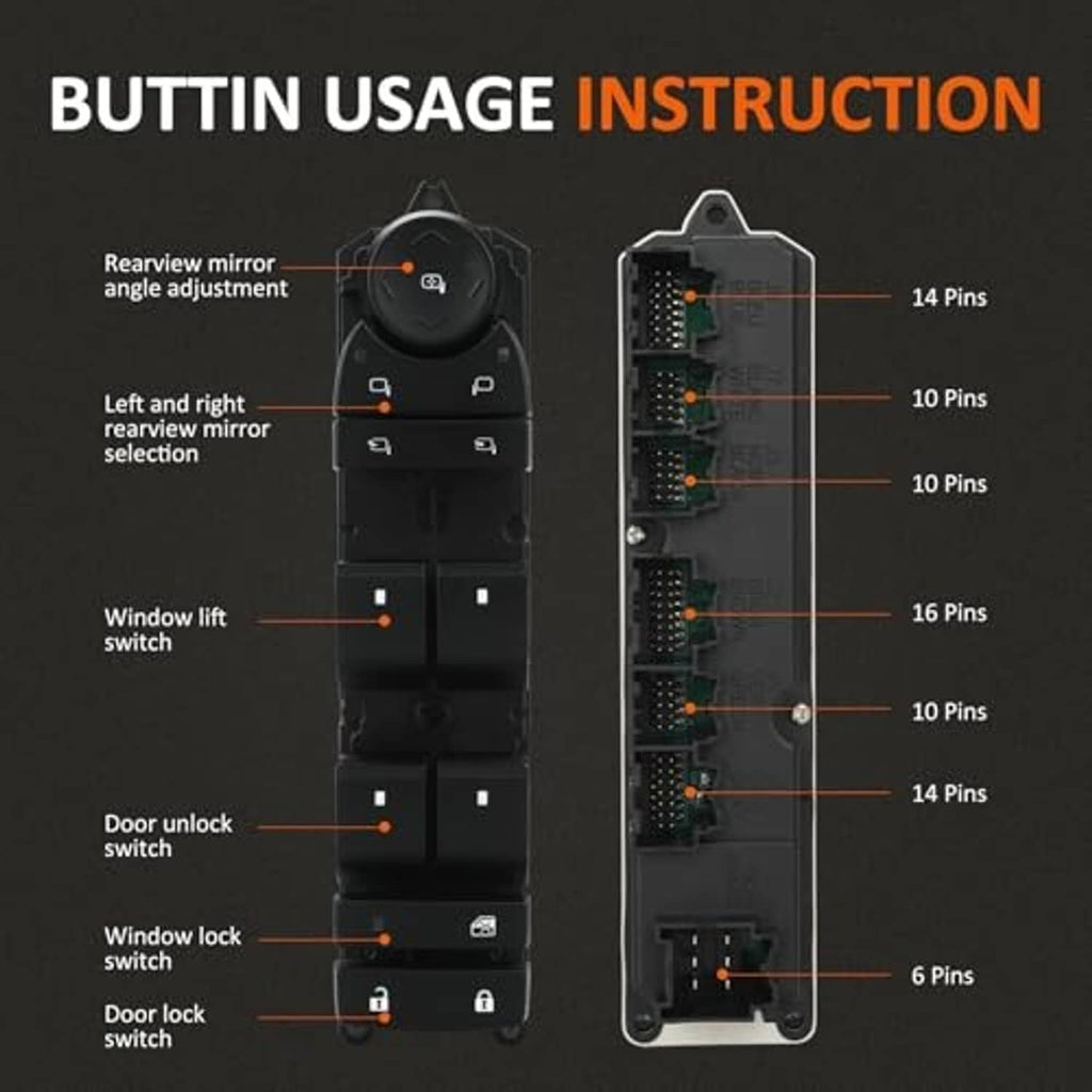Black power window switch with labeled button layout and pin count diagram