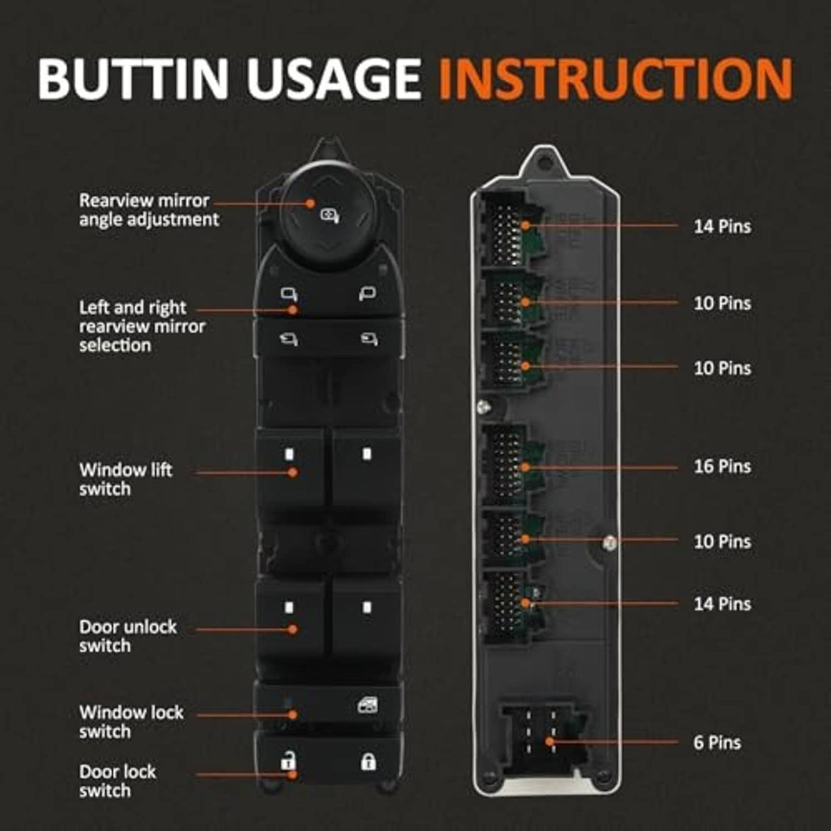Black power window switch with labeled button layout and pin count diagram
