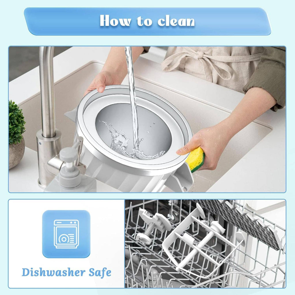 Ice cream maker attachment cleaning guide with churn bowl and running water