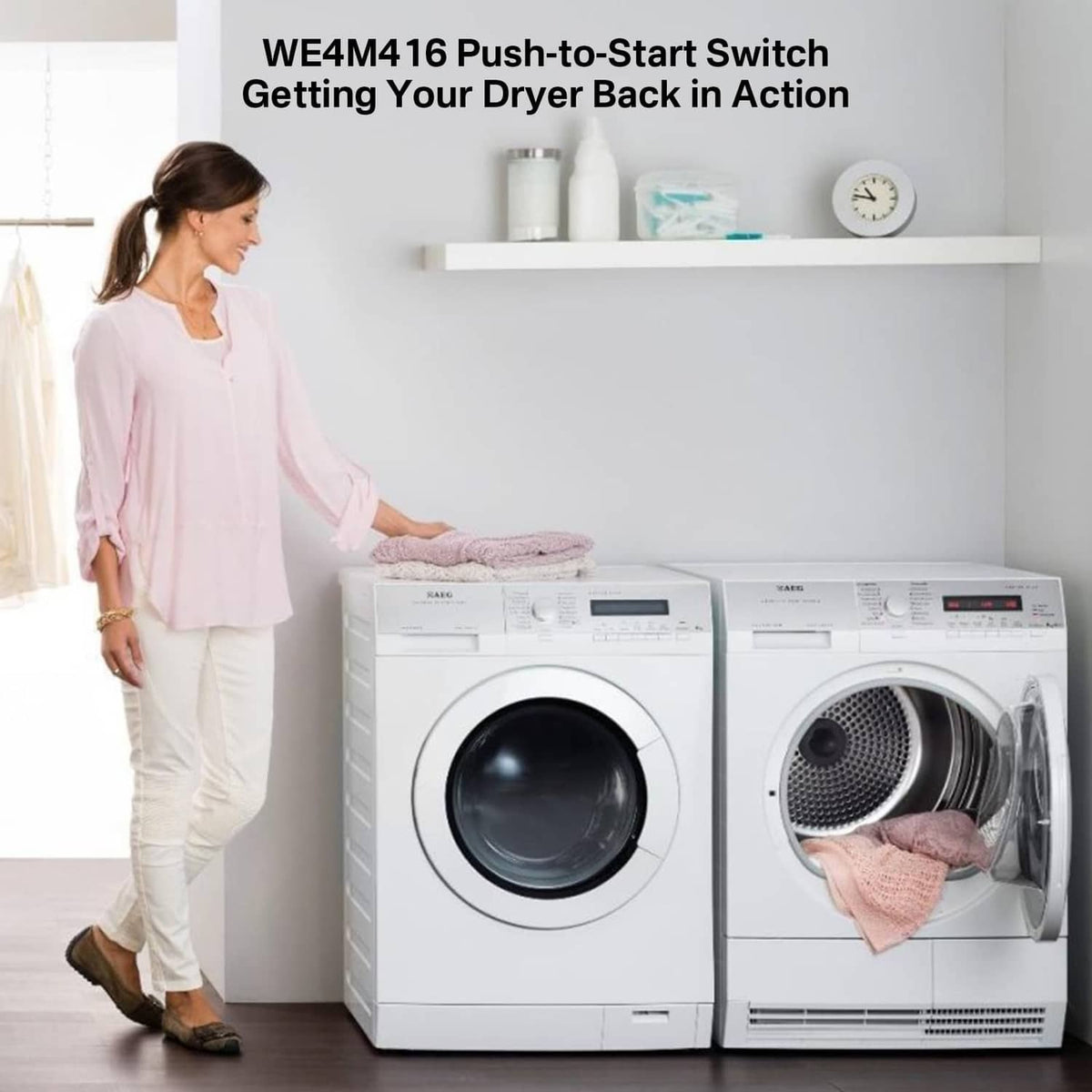 White clothes dryer with control panel and a person holding folded laundry nearby