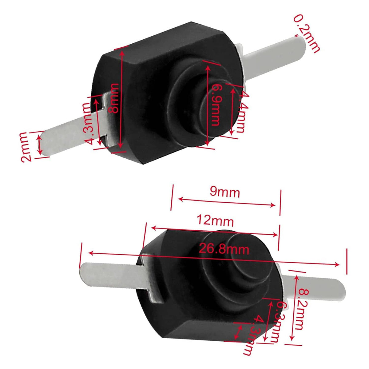 Black self-lock micro push button switch, side and front views with pin dimensions