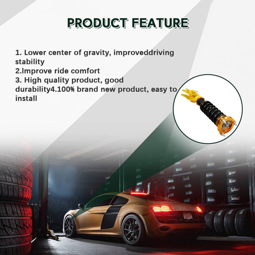 Coilover suspension kit showing black coil springs and yellow shock struts, angled view