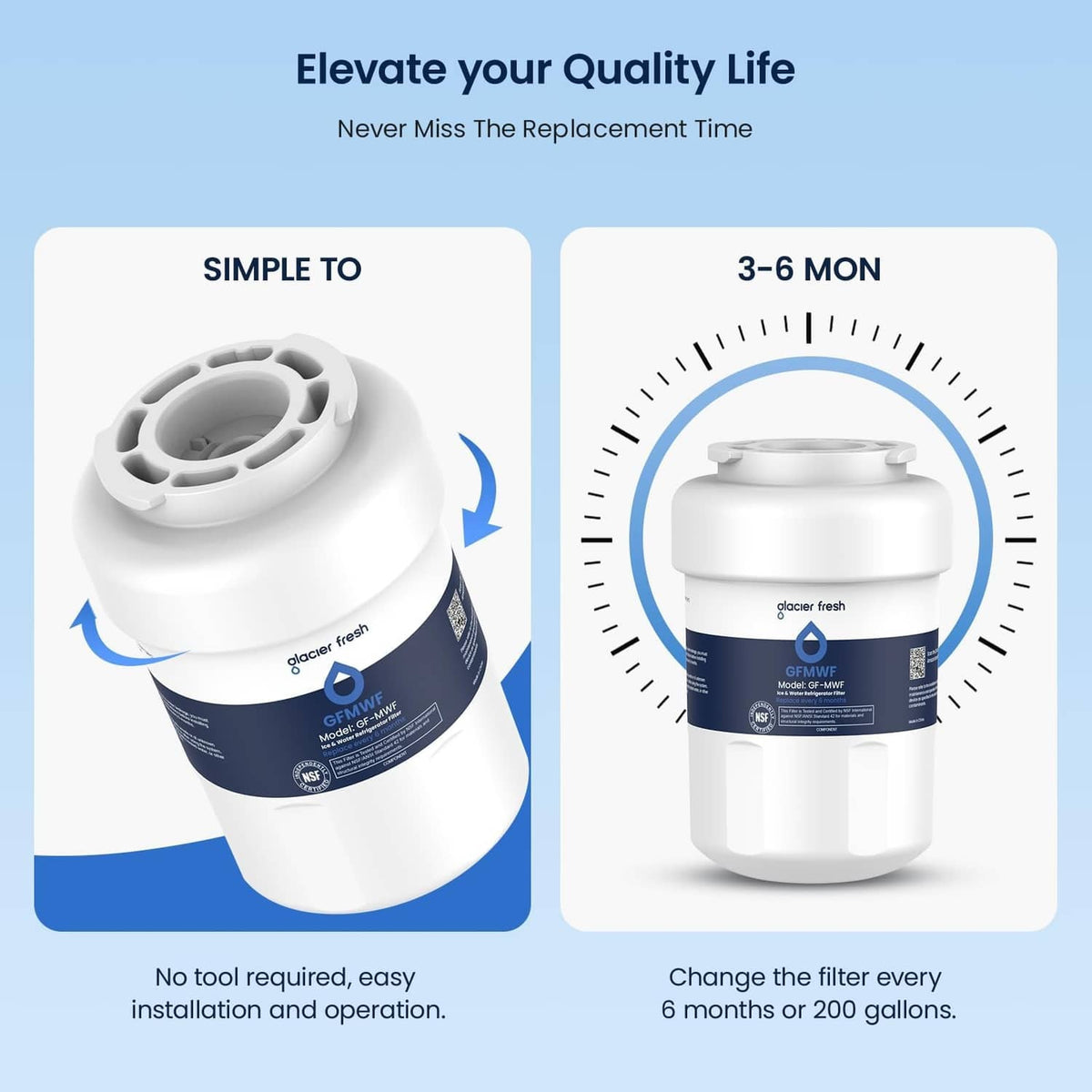 White refrigerator water filter cartridge with top cap and blue label