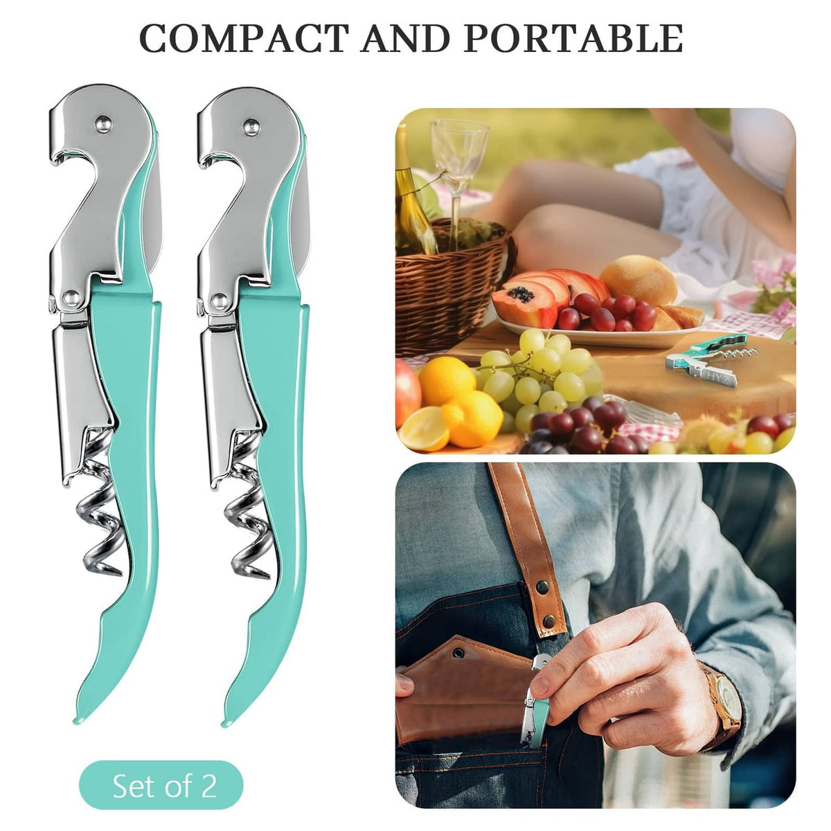 Set of 2 mint green and silver waiter corkscrews with chrome spiral